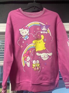 Sanrio Pink Graphic Pullover Sweatshirt with Rainbow Characters